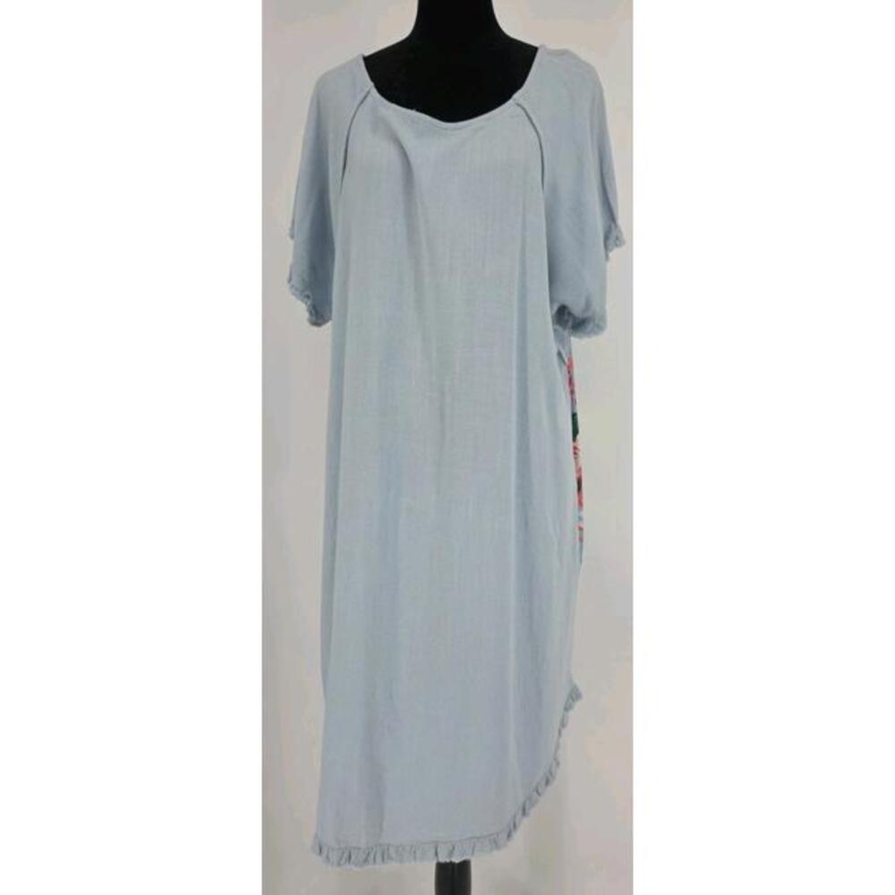 Umgee Womens XL Linen Shift Dress Blue High Low Raw Hem Short‎ Sleeve - Picture 3 of 6